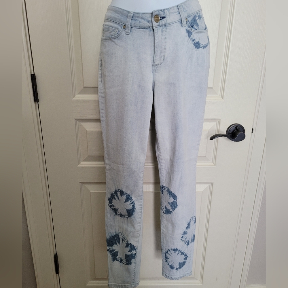 Vintage America Boho Skinny Ankle Jeans Embellished Tie Dye Accents, Sz 8, EUC